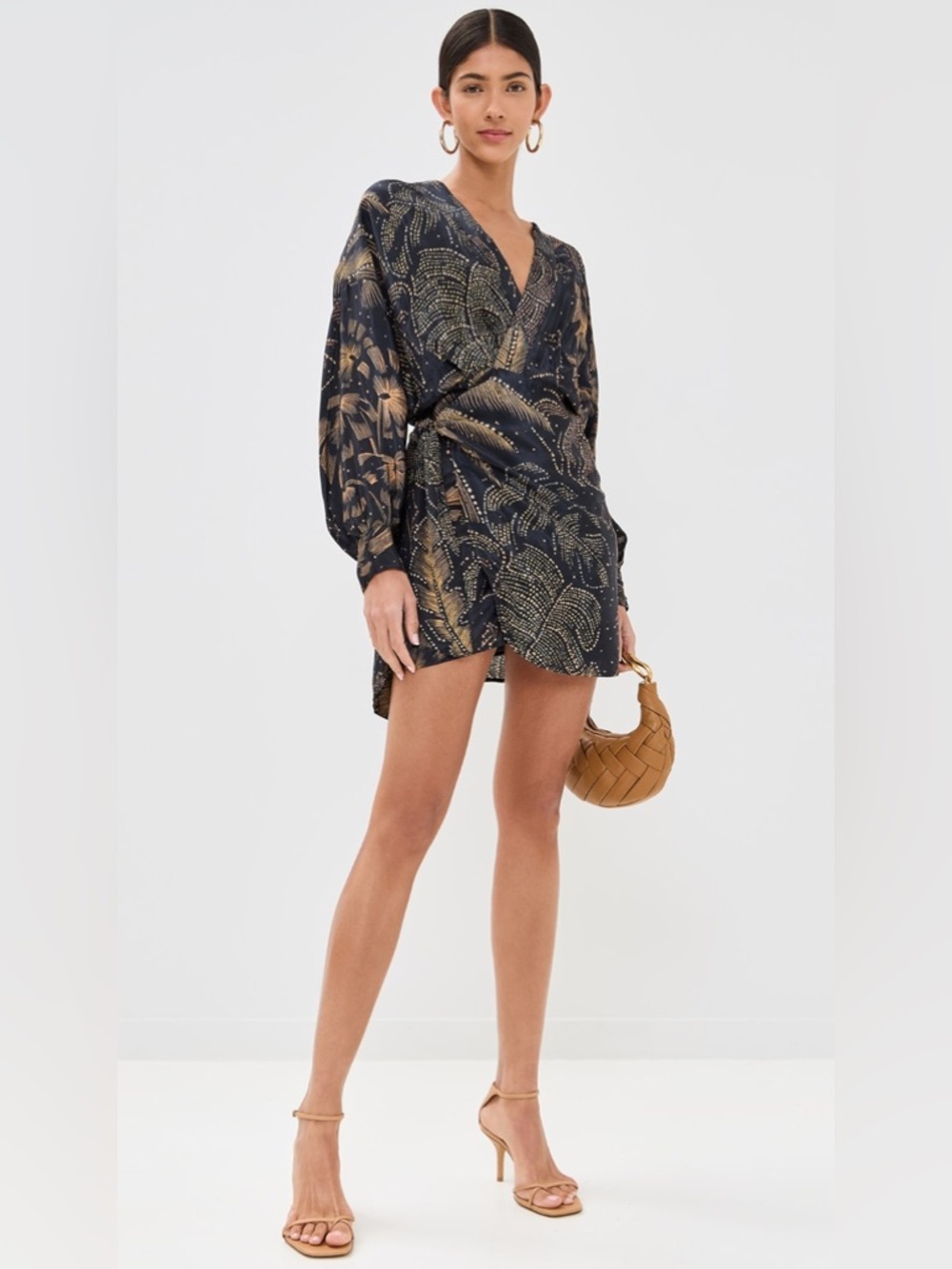 Farm Rio Golden Foliage Black Mini Puffy Sleeve Dress | L - Picture 4 of 8